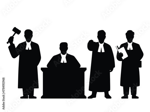 Four black silhouette judges in robes with judicial objects silhouettes gavel