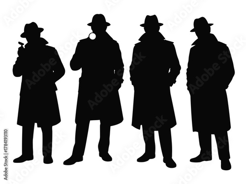 Four black silhouette men wearing fedoras and trench coats fedora hats standing