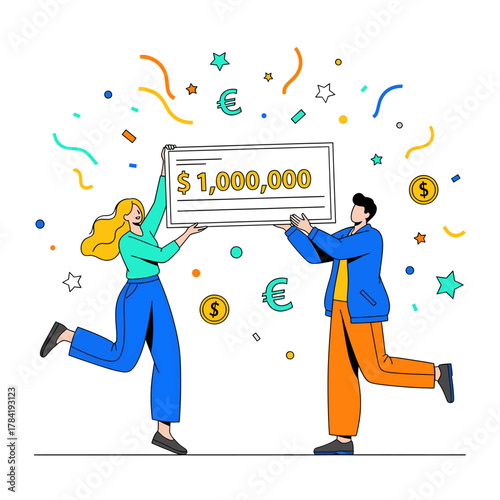 Two happy people celebrating winning a large sum of money, holding a check for 1, 000, 000