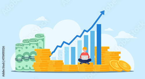 Financial growth concept with a person working on a laptop amidst stacks of money and coins, with an upward trending graph