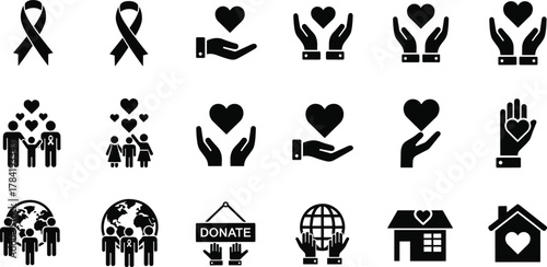 Charity icon set, heart symbol, helping hands, donate graphic, family support, global unity, awareness ribbon, care, love, community, hope, kindness, giving, humanitarian, nonprofit