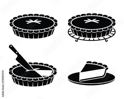 Four black silhouette pies one being cut and one slice on plate baking dessert