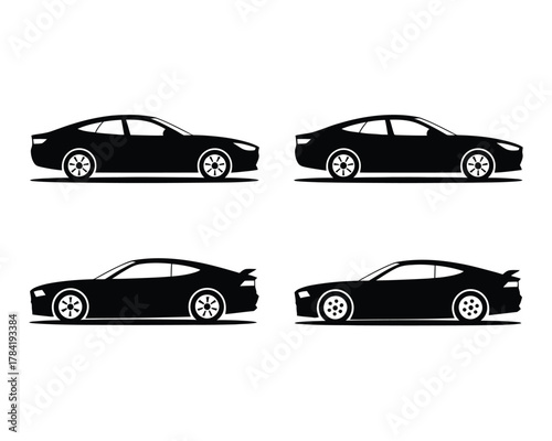 Four black silhouette modern sedans and coupes vector