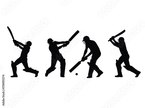 Four black silhouettes of cricketers batting sport action