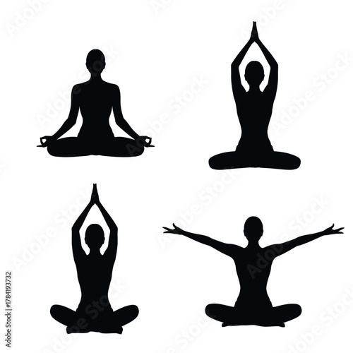 Four black silhouettes of women in yoga poses meditation woman
