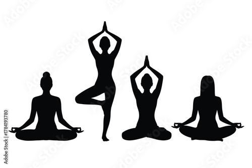 Four black silhouettes of women in yoga poses meditation fitness