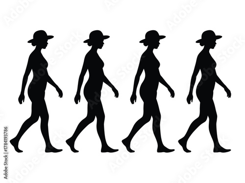 Four black silhouettes of women walking wearing hats woman