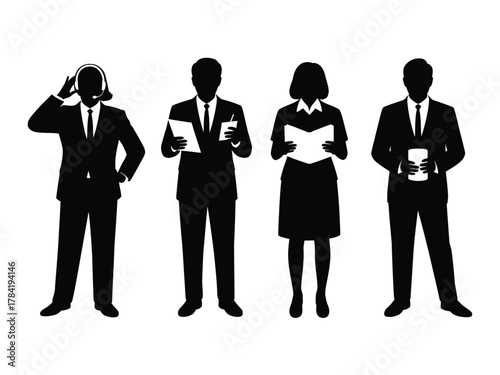 Four business professionals in silhouette holding documents and drinks women