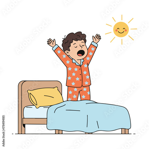 Happy Boy Waking Up in the Morning Sunshine – Kids Daily Routine Vector Illustration