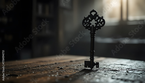 The Key of Antiquity: An ornate, vintage key stands poised atop a weathered wooden table, illuminated by a beam of light.