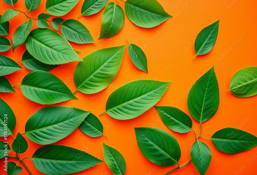 Obraz premium Kraft planner, lush green leaves arranged on vibrant orange background, overhead, flatlay