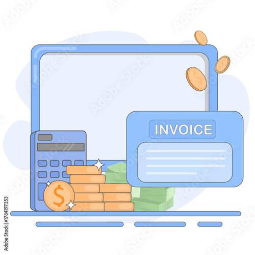 Illustration of a bill with a calculator and coins