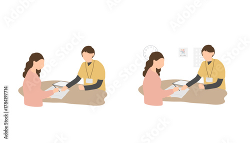 放課後等デイサービス　契約書にサインする保護者　面談イラスト