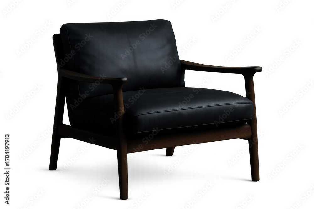 Obraz premium Black leather armchair with dark wood frame against transparent background, mid-century modern design furniture