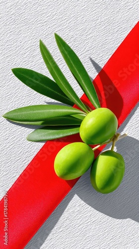 Vibrant Green Olives on a Twig with Leaves Against a Textured Gray Background and a Striking Red Diagonal Ribbon