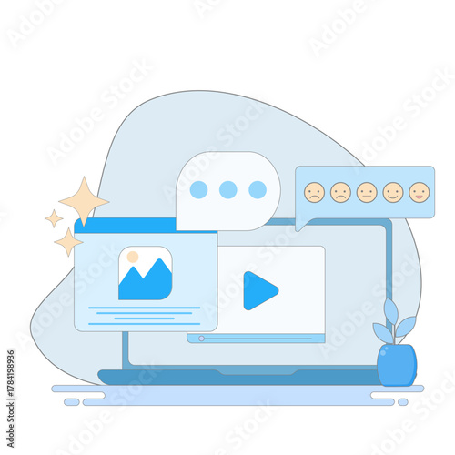 Social media illustration with videos, photos, emojis, and chat messages on digital platforms.