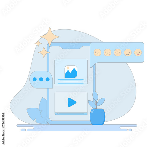 Social media vectors with video content, photos, emojis and online conversations.