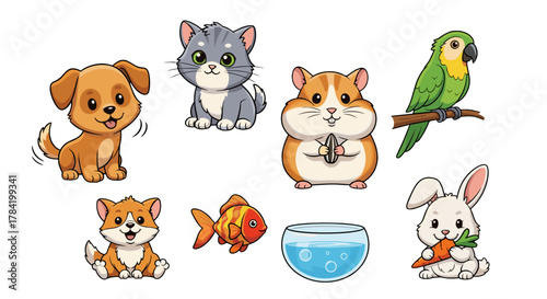 Cute Cartoon Pets Collection Isolated on White Background for Design