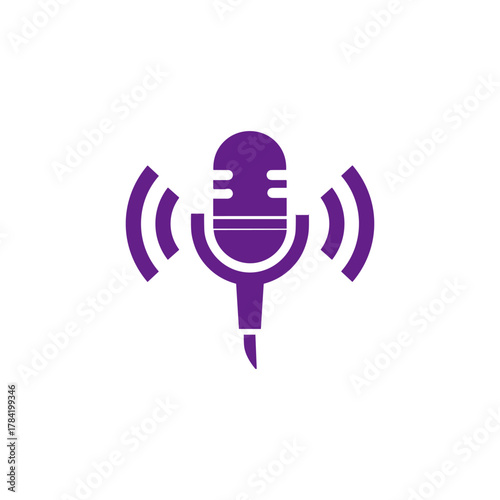Purple microphone icon with sound waves, representing audio recording and broadcasting.