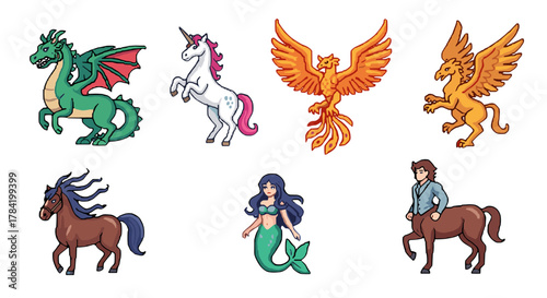 Pixel Art Collection of Mythical Creatures Isolated on Black Background