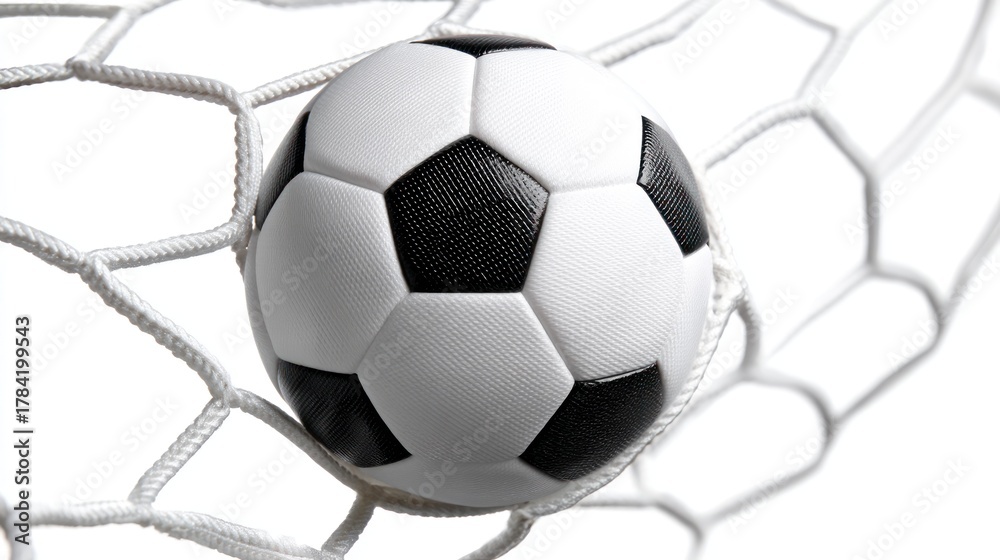 Fototapeta premium A soccer ball in a net, with a white background and a focus on the ball.