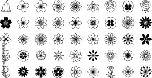Black and white floral illustrations, minimal flower icons, abstract botanical designs, decorative petal sketches, elegant line art, flower collection