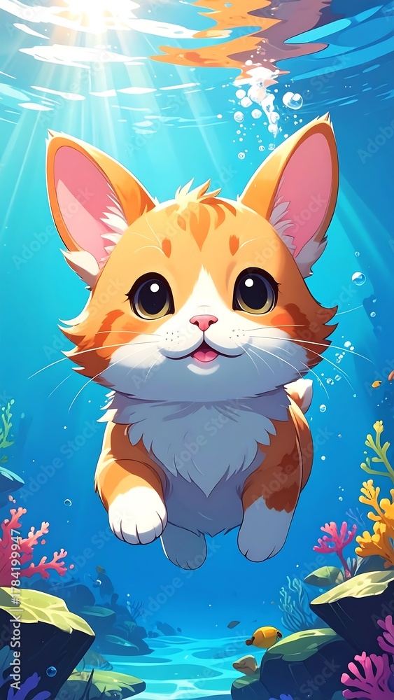 Fototapeta premium Cartoon orange and white kitten floating underwater in a vibrant coral reef scene