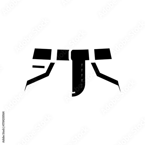 Black and white graphic of a harness with straps and buckles.