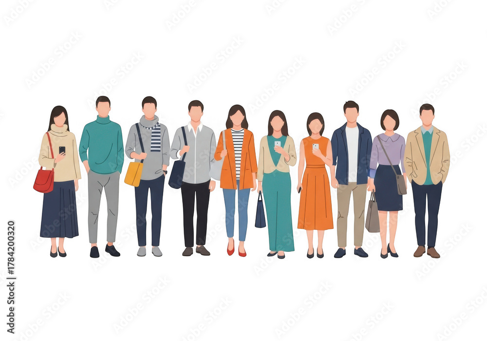 Fototapeta premium Diverse group of stylized people standing together in casual and business attire isolated on transparent background