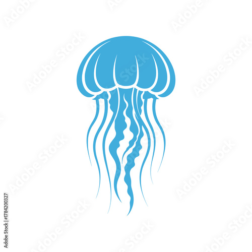 A detailed illustration of a blue jellyfish, showcasing its bell and trailing tentacles, isolated on white.