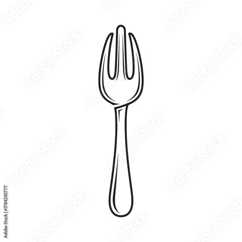 Simple black and white line art illustration of a three-tined eating fork with a curved handle, isolated on a white background.