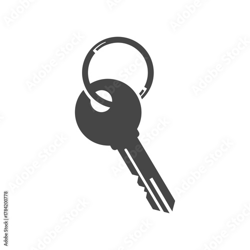 A simple, monochrome illustration of a key attached to a keyring, isolated on white.