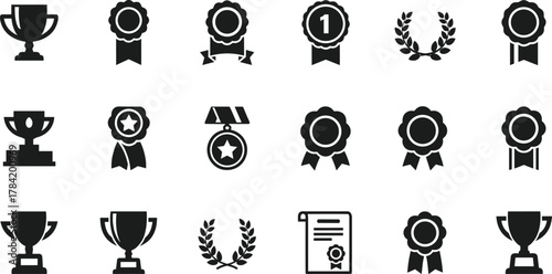 Award icon set, trophy silhouettes, ribbon badges, laurel wreaths, medal symbols, certificate vector, black and white achievement graphics, honor design