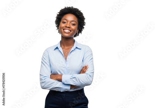 Smiling woman with arms crossed isolated on transparent background