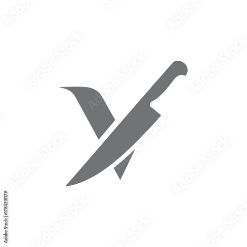 A stylized grey 'V' shape is intersected by a sharp chef's knife, creating a modern logo.