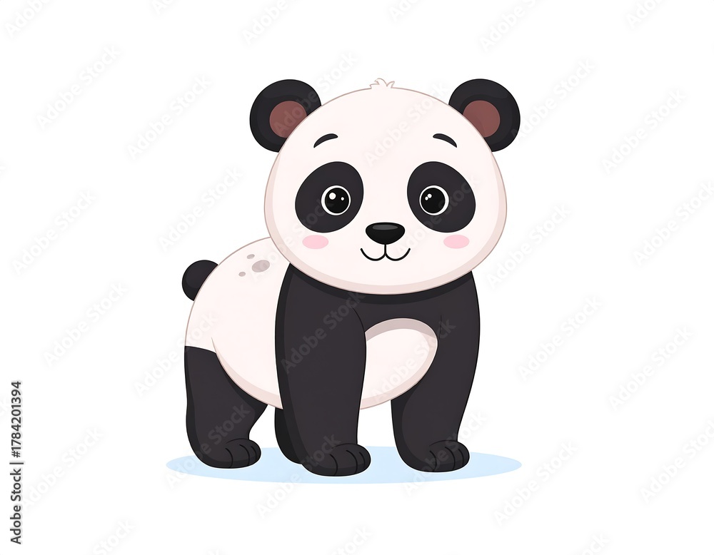 Naklejka premium Cartoon panda bear with black ears, patches, and a small tail on a white background