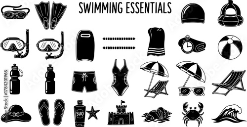 Black and white vector icons set of swimming essentials and beach vacation items. Monochrome graphic collection of summer holiday equipment and accessories.