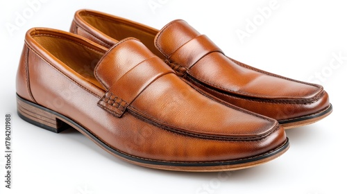 Pair of brown leather loafers on a white background, with visible stitching and a polished finish.