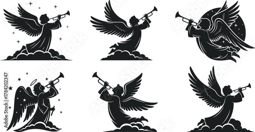 Papier peint Angel silhouette blowing trumpet, religious celestial art, spiritual illustratio