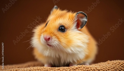 Fluffy hamster close-up, brown background, adorable rodent,   high resolution,   macro photography