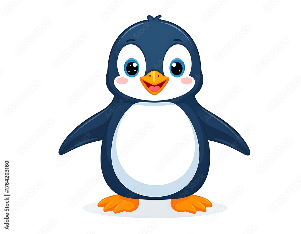 Fototapeta premium Cartoon penguin with white belly, blue back, and orange beak standing with spread wings