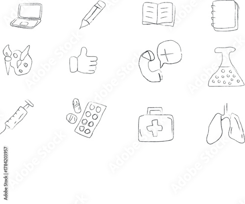 Hand Drawn Doodle Health, Medical, Education, and Creative Icons Set - Mixed Sketch