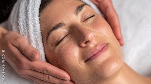 A woman receiving a facial massage with her eyes closed, wearing a white towel on her head, with her hair tied back.
