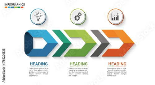 Visualize complex data and ideas with this modern, dynamic infographic template featuring colorful arrows, icons for innovation, gears, and growth, perfect for presentations.