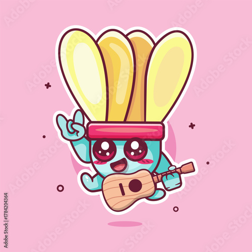 cheerful shuttlecock character mascot playing guitar isolated cartoon