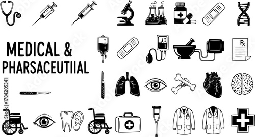 Medical and Pharmaceutical Icons Set - Hand-Drawn Healthcare Symbols and Equipment Collection