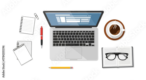 Inspiring workspace setup with laptop, coffee, notebook, pen, and glasses, perfect for modern productivity and creative thinking.