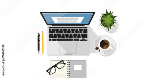 Modern minimalist workspace setup with laptop, coffee, notebook, glasses, pen, and plant for productive business and creative tasks