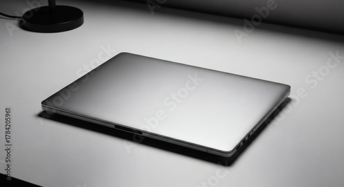 Sleek silver aluminum laptop mockup closed on minimalist desk, isolated.