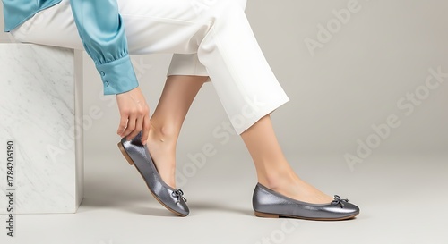Elegant Woman Adjusting Silver Ballet Flats for Comfort.